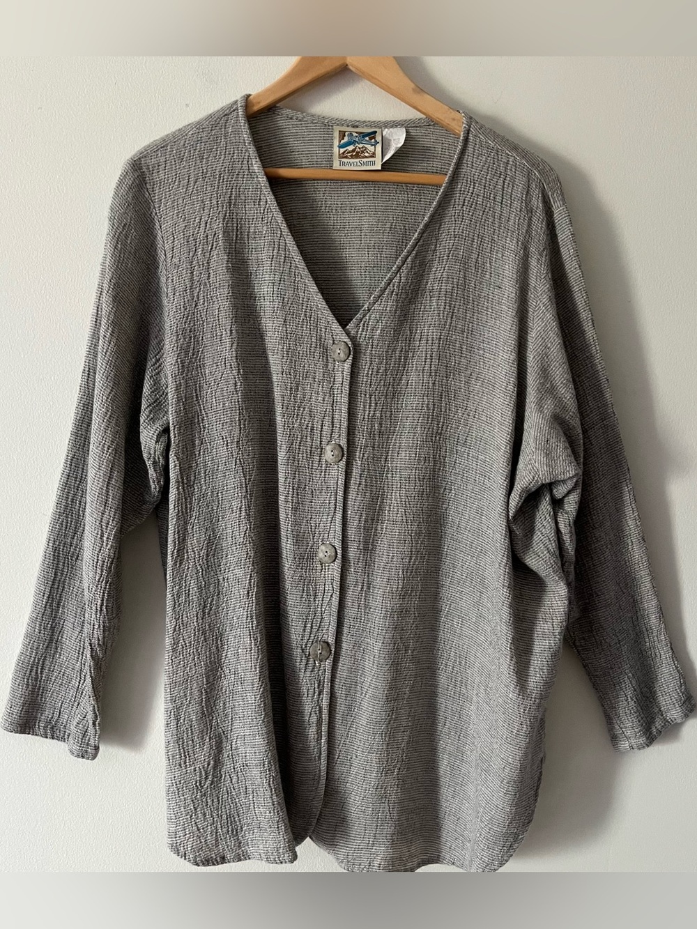 TravelSmith Gray Textured Linen Blend Relaxed Button-Front Tunic Made in USA L